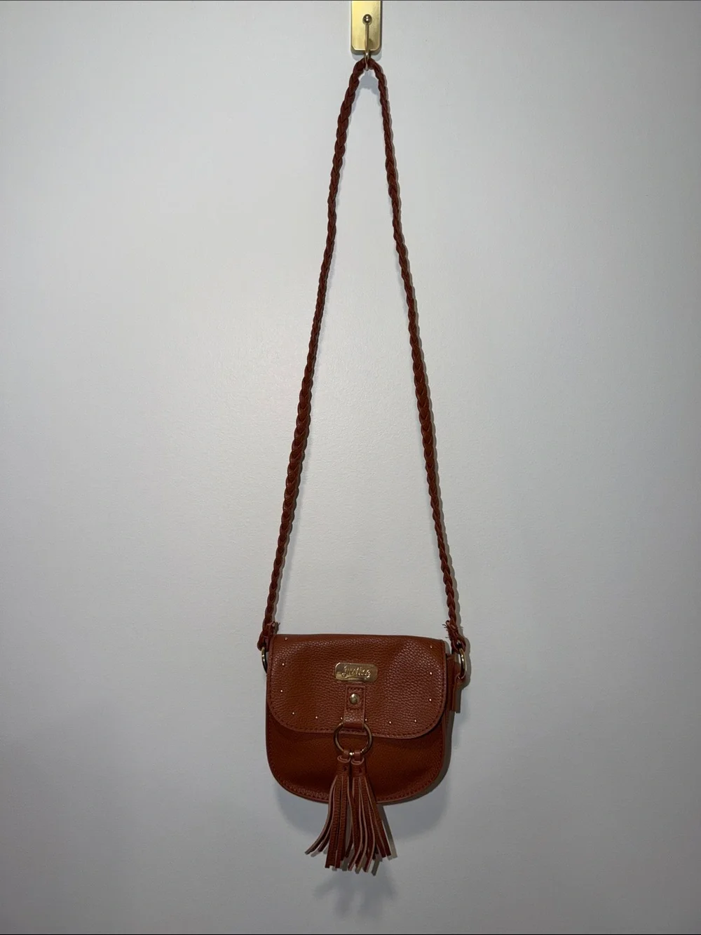 Justice Brown Faux Leather Braided Tasseled Western Cowgirl Crossbody Bag